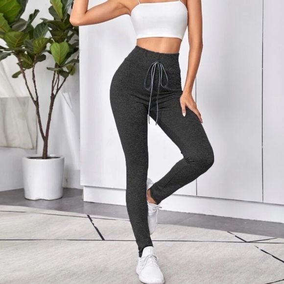 🆕 SHEIN high rise drawstring waist charcoal gray leggings medium - Picture 2 of 12